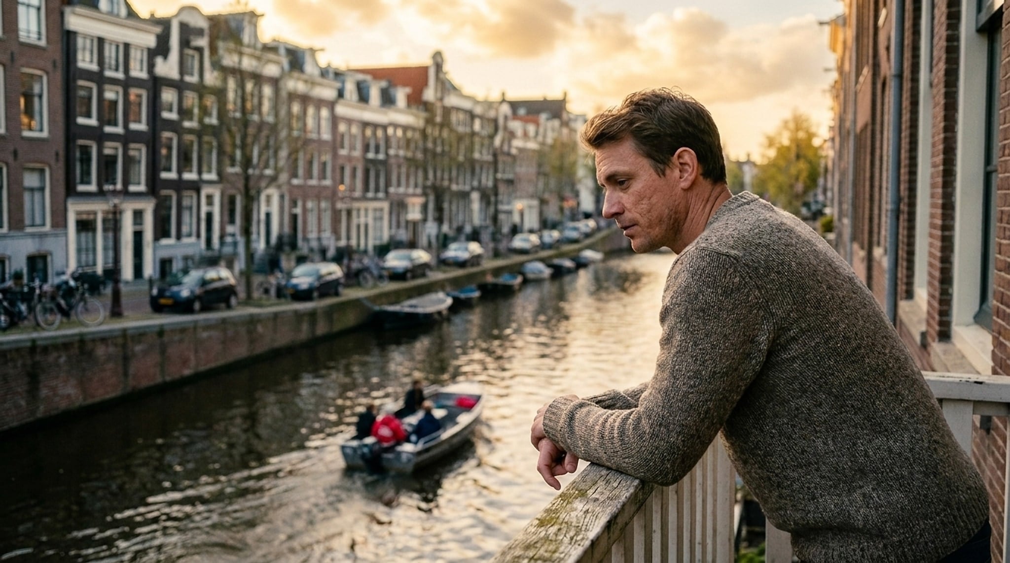 Man op canal balcon golden hour