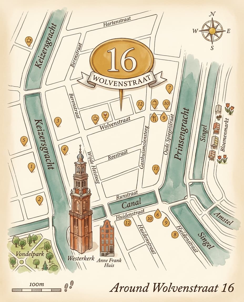 Illustrated luxury map of 9-Straatjes Amsterdam, with Het pand as the centre, hand-drawn editorial style